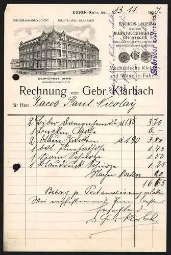 Rechnung Essen-Ruhr 1907, Gebr. Klarbach, En Gros-Lager für Manufacturwaren und Tricotagen, Das Geschäftsgebäude