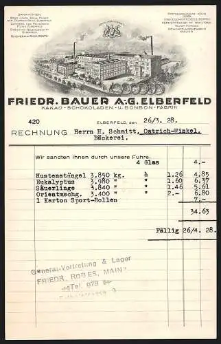 Rechnung Elberfeld 1928, Friedr. Bauer AG, Kakao-, Schokoladen- & Bonbon-Fabrik, Die Betriebsanlage und Preis-Medaillen