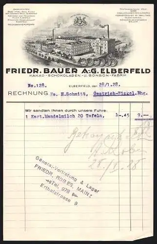 Rechnung Elberfeld 1928, Friedr. Bauer AG, Kakao-, Schokoladen- & Bonbon-Fabrik, Die Fabrikanlage und Preis-Medaillen
