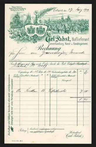 Rechnung Erfurt 1909, Carl Pabst, Samenhandlung und Gärtnerei, Ortsansicht mit Dom und Severikirche, Wappen