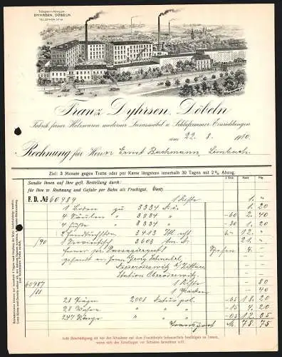 Rechnung Döbeln 1910, Franz Dyhrsen, Holzwaren- und Luxusmöbel-Fabrik, Gesamtansicht des Betriebes mit Lagerhallen