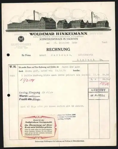 Rechnung Schweikershain in Sachsen 1930, Woldemar Hinkelmann, Sitzmöbel-Fabrik, Modellansicht der Betriebsanlage