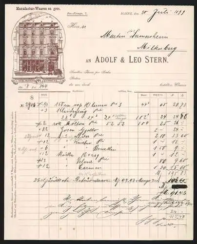 Rechnung Mainz 1899, Adolf & Leo Stern, Manufactur-Waaren en gros, Ansicht der Ladenfront
