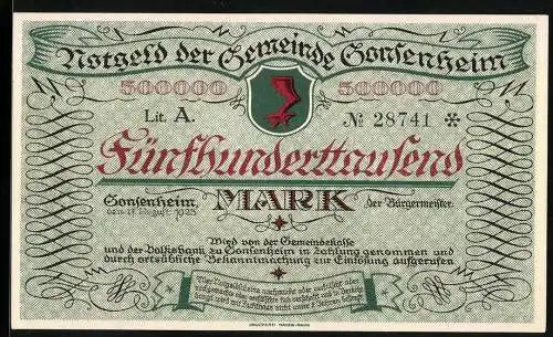 Notgeld Gonsenheim, 1923, 500000 Mark, Gemeinde Gonsenheim Wappen und Gebäudeillustration