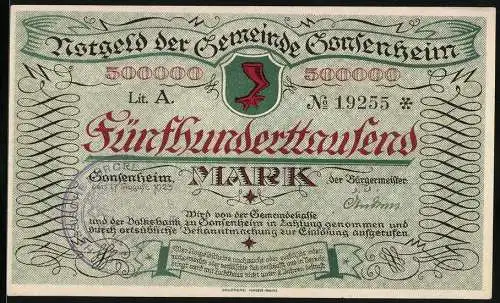 Notgeld Gonsenheim 1923, 500000 Mark, Fünfhunderttausend Mark mit Stadtansicht und Wappen, Lit. A, Nr. 19255