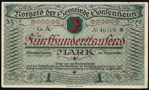 Notgeld Gonsenheim 1923, 500000 Mark, grün und rot, Wappen und historische Gebäude, Lit. A, Nr. 40700