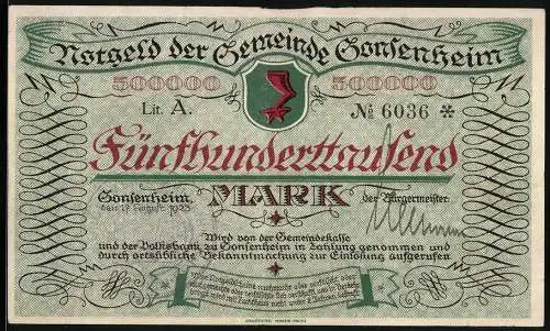 Notgeld Gonsenheim, 1923, 500000 Mark, Ansicht Gebäude und Wappen, grün und rot, Serie Lit. A