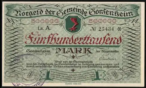 Notgeld Gonsenheim 1923, 500000 Mark, Vorderseite mit rotem Schriftzug und Rückseite mit Gebäudeillustration