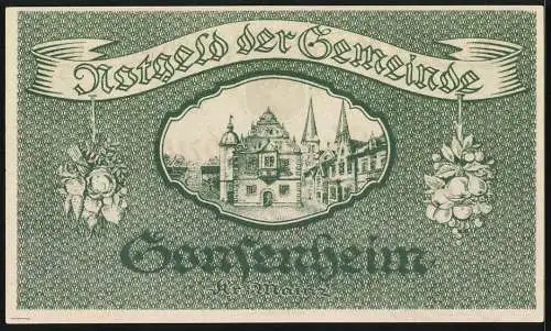 Notgeld Gonsenheim 1923, 500000 Mark, Vorderseite mit rotem Schriftzug und Rückseite mit Gebäudeillustration