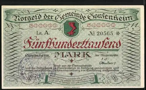 Notgeld Gonsenheim 1923, 500.000 Mark, Ortsansicht und Wappen, Serie Lit. A