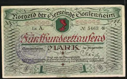 Notgeld Gonsenheim 1923, 500000 Mark, Gonsenheimer Rathaus und Wappen, Serie A, Nr. 5463