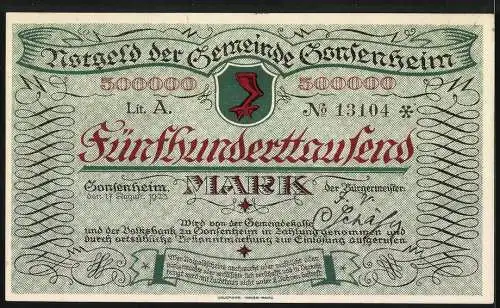 Notgeld Gonsenheim 1923, 500000 Mark, Gemeindehaus und Wappenmotiv