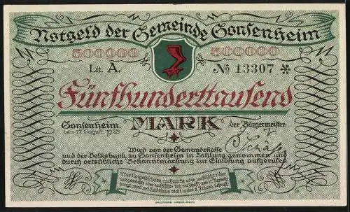 Notgeld Gonsenheim 1923, 500000 Mark, Abbildung der Gemeinde Guntersheim und Textdetails