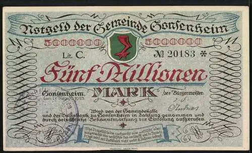 Notgeld Gonsenheim, 1923, fünf Millionen Mark, Rathaus und Wappen, Lit. C, Seriennummer 20183