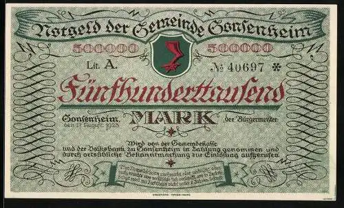 Notgeld Gonsenheim 1923, 500000 Mark, grüne und rote Schrift mit Gebäude und Wappen