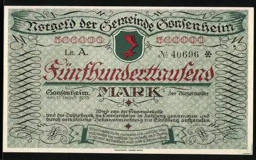 Notgeld Gonsenheim 1923, 500000 Mark, Fünfhunderttausend Mark, Gebäude und Wappen, grün /rot