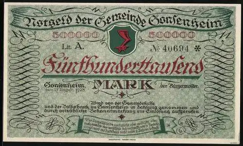Notgeld Gonsenheim 1923, 500000 Mark, Fünfhunderttausend Mark, Gebäudeillustration, Gonsenheim bei Mainz