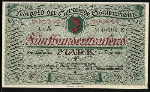 Notgeld Gonsenheim 1923, 500000 Mark, fünfzigtausend Mark der Gemeinde Gonsenheim mit Stadtansicht