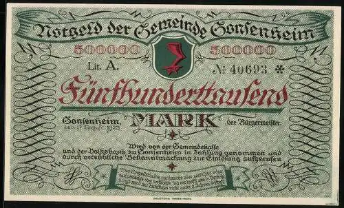 Notgeld Gonsenheim 1923, 500000 Mark, grüne und rote Schrift mit Gemeindewappen, Rückseite mit Gebäude und Obst