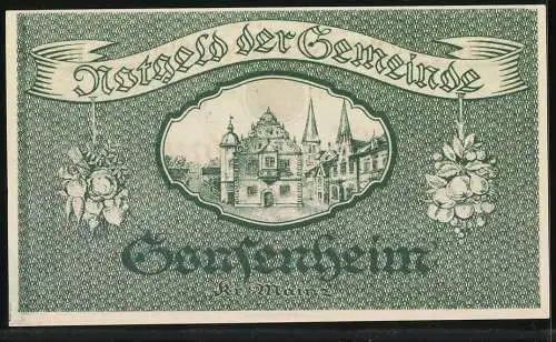 Notgeld Gonsenheim 1923, 500000 Mark, grüne und rote Schrift mit Gemeindewappen, Rückseite mit Gebäude und Obst