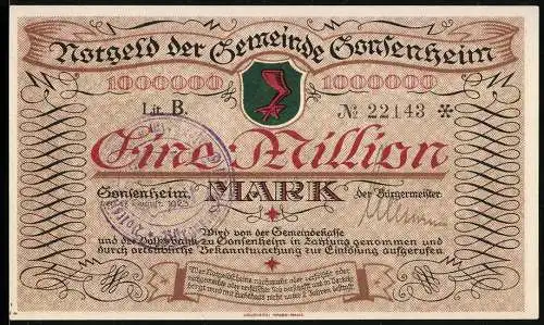 Notgeld Gonsenheim 1923, Eine Million Mark, Serie B, Gebäudeansicht und Wappen