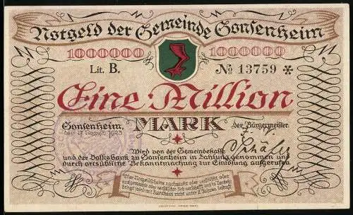 Notgeld Gonsenheim, 1923, Eine Million Mark, Gebäude und Wappen der Gemeinde
