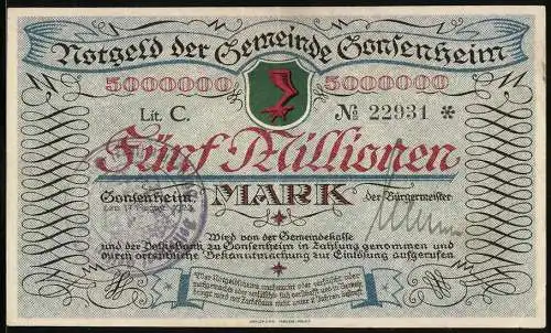 Notgeld Gonsenheim 1923, 5 Millionen Mark, Wappen und Gebäudeabbildung