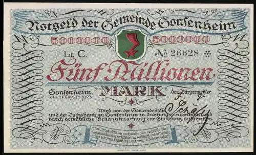 Notgeld Gonsenheim, 1923, 5 Millionen Mark, Wappen und Gebäudeillustration