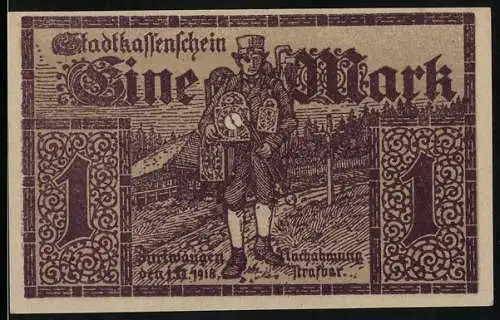 Notgeld Furtwangen 1918, Eine Mark, Stadtgemeinde Furtwangen Stadtklassenschein mit Uhrmacher und Landschaft