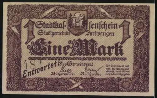 Notgeld Furtwangen 1918, Eine Mark, Stadtgemeinde Furtwangen Stadtklassenschein mit Uhrmacher und Landschaft