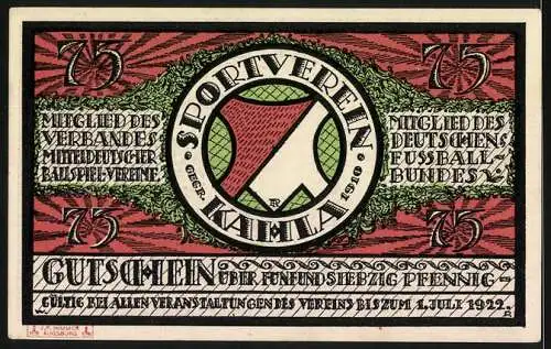 Notgeld Kahla 1921, 75 Pfennig, Mitteldeutsches Sieger-Turnier mit Fussballspiel und Vereinslogo