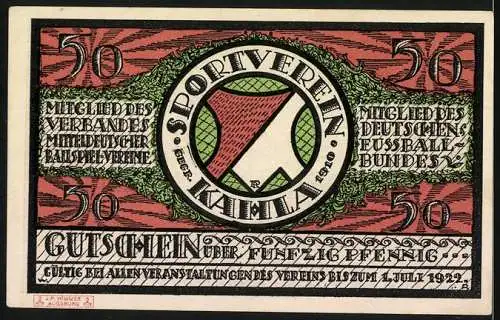 Notgeld Kahla 1921, 50 Pfennig, Mitteldeutsches Sänger-Turner Kahla und Sportverein-Gutschein