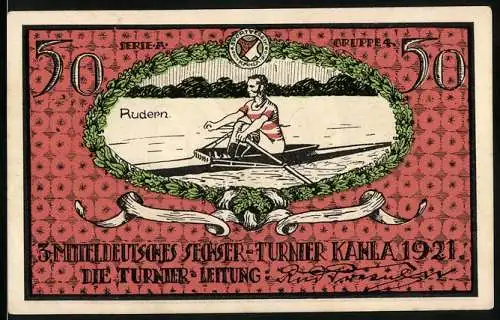 Notgeld Kahla 1921, 50 Pfennig, Ruderer im Boot und Sportverein-Logo, Gutschein für Veranstaltungen