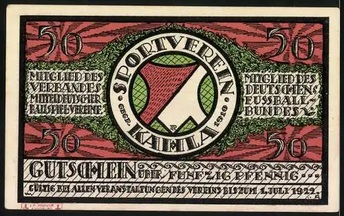 Notgeld Kahla 1921, 50 Pfennig, Ruderer im Boot und Sportverein-Logo, Gutschein für Veranstaltungen