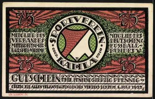 Notgeld Kahla 1921, 75 Pfennig, Mitteldeutsches Fussballturnier, Serie B Gruppe A