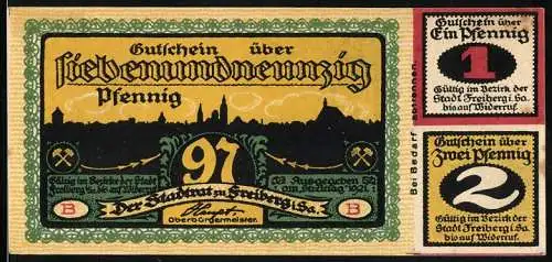 Notgeld Freiberg i. Sa., 1921, 100 Pfennig, Teilbar in 1, 2 und 97 Pfennig, Stadtansicht & ehemaliges Amtsgericht