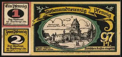 Notgeld Freiberg i. Sa., 1921, 100 Pfennig, Teilbar in 1, 2 und 97 Pfennig, Stadtansicht & ehemaliges Amtsgericht