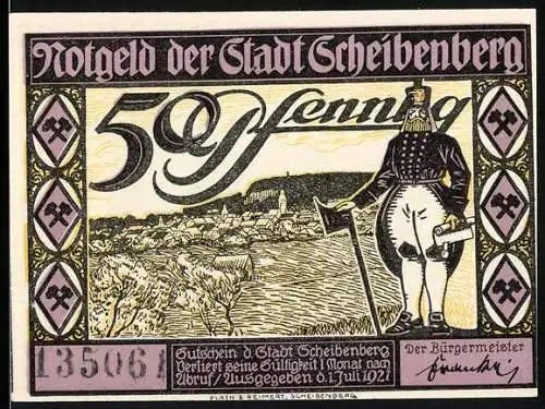 Notgeld Scheibenberg, 1921, 50 Pfennig, Stadtansicht und Bergmann, Rückseite Felsen und Inschrift Unre Orgelpfeifen