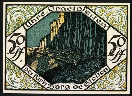 Notgeld Scheibenberg, 1921, 50 Pfennig, Stadtansicht und Bergmann, Rückseite Felsen und Inschrift Unre Orgelpfeifen