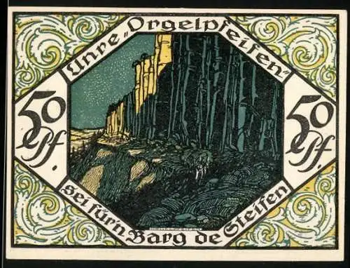 Notgeld Scheibenberg 1921, 50 Pfennig, Landschaft und Bergmann mit Axt und Stadtansicht