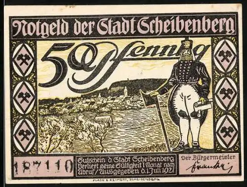 Notgeld Scheibenberg 1921, 50 Pfennig, Bergmann und Stadtansicht mit Kirche