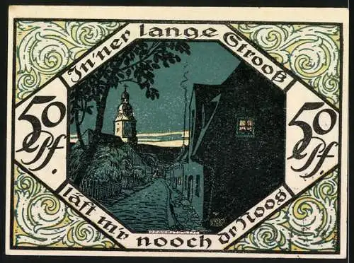 Notgeld Scheibenberg 1921, 50 Pfennig, Bergmann und Stadtansicht mit Kirche