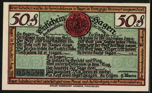 Notgeld Hagen, 1921, 50 Pfennig, Bauerngericht unter der Stal-Eke zu Hagen