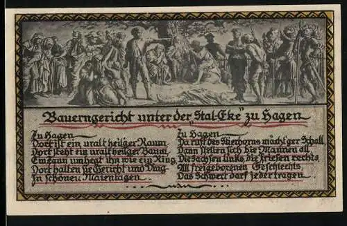 Notgeld Hagen, 1921, 50 Pfennig, Bauerngericht unter der Stal-Eke zu Hagen, rotes Siegel, Text und Ornamentik