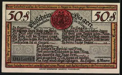 Notgeld Hagen, 1921, 50 Pfennig, Bauerngericht unter der Stal-Eke zu Hagen, rotes Siegel, Text und Ornamentik