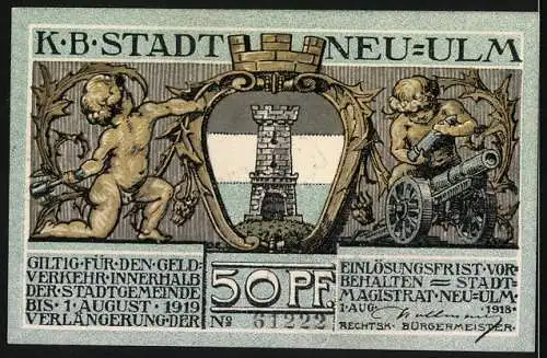 Notgeld Neu-Ulm, 1918, 50 Pf, Abbildung Soldat und Wappen mit Türmen auf Vorder- und Rückseite