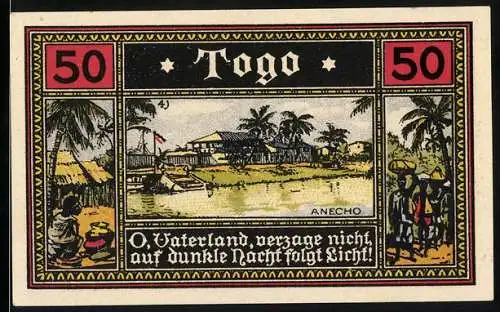 Notgeld Neustadt i. M. 1922, 50 Pfennig, Afrika-Kolonie Togo, Anecho Ortsansicht, Störche und Frösche am Teich