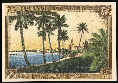 Notgeld Berlin 1921, 75 Pfennig, Daressalam, Deutsch-Ostafrika, Palmen & Küstenlandschaft, Kolonialgedenktag