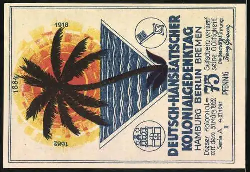 Notgeld Berlin 1921, 75 Pfennig, Iltisberge Kiautschau, Deutsches Pachtgebiet in China, Kolonialgedenktag