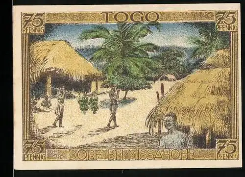 Notgeld Berlin 1921, 75 Pfennig, Afrika Kolonie Togo, Dorf bei Missahohe, Kolonialgedenktag